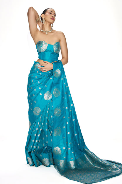 Dhiyona ST Turqoise Blue Banarasi Saree with Blouse Fabric