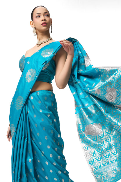 Dhiyona ST Turqoise Blue Banarasi Saree with Blouse Fabric