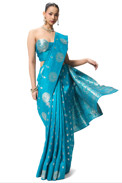 Dhiyona ST Turqoise Blue Banarasi Saree with Blouse Fabric