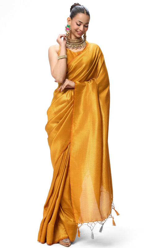 Dhiyona ST Yellow Soft Silk Jaal Banarasi Saree with Blouse Fabric