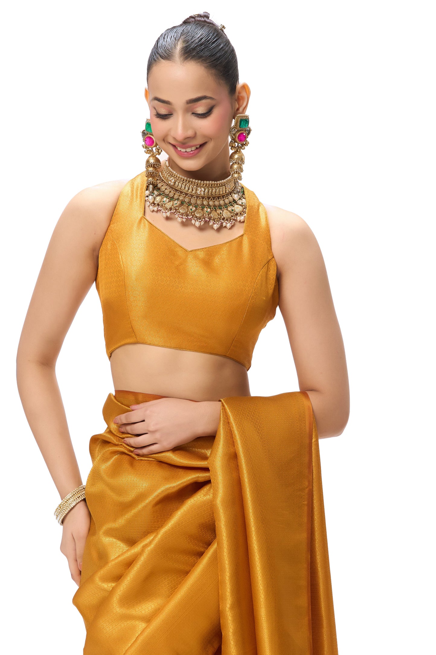 Dhiyona ST Yellow Soft Silk Jaal Banarasi Saree with Blouse Fabric