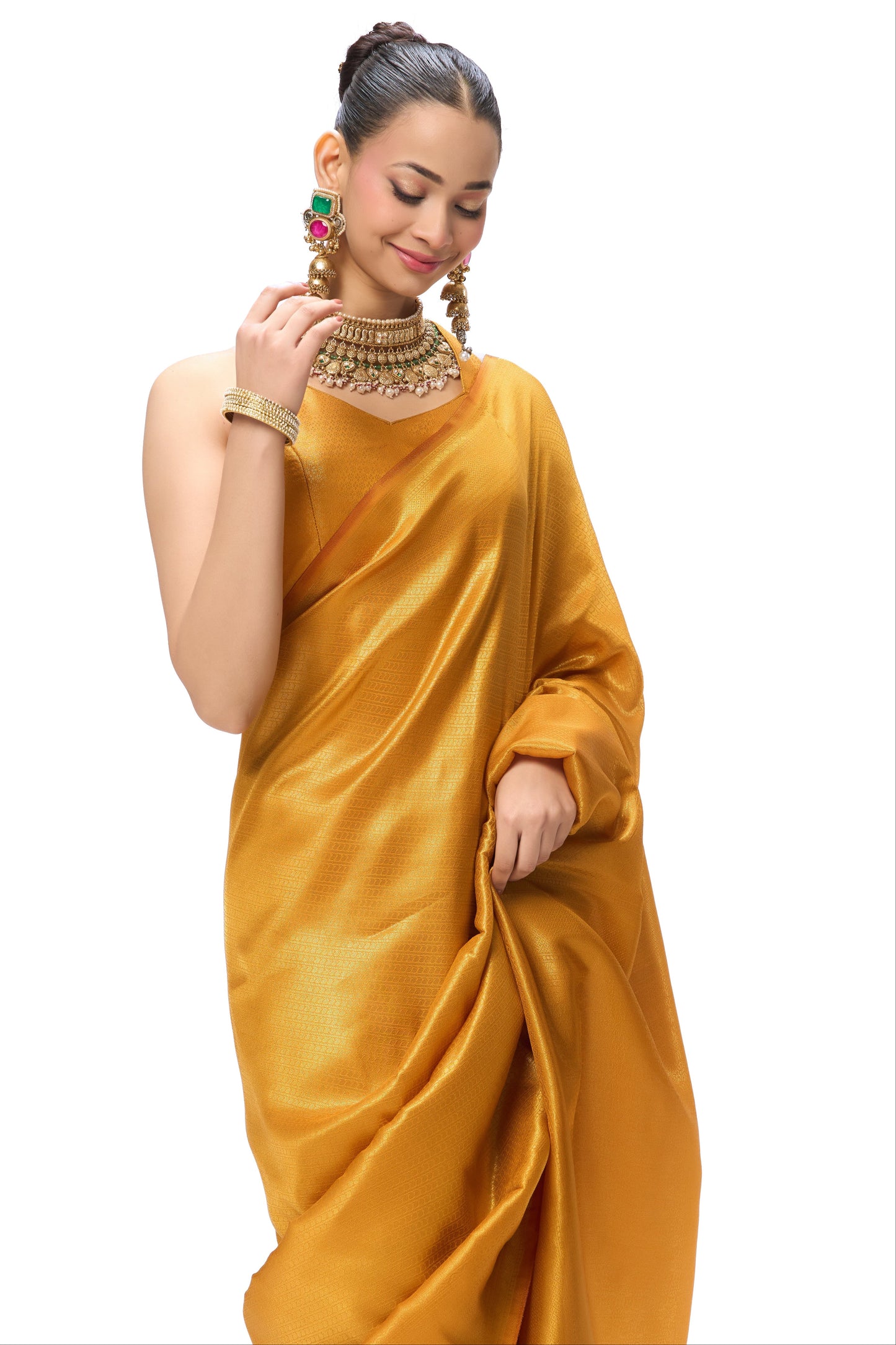 Dhiyona ST Yellow Soft Silk Jaal Banarasi Saree with Blouse Fabric