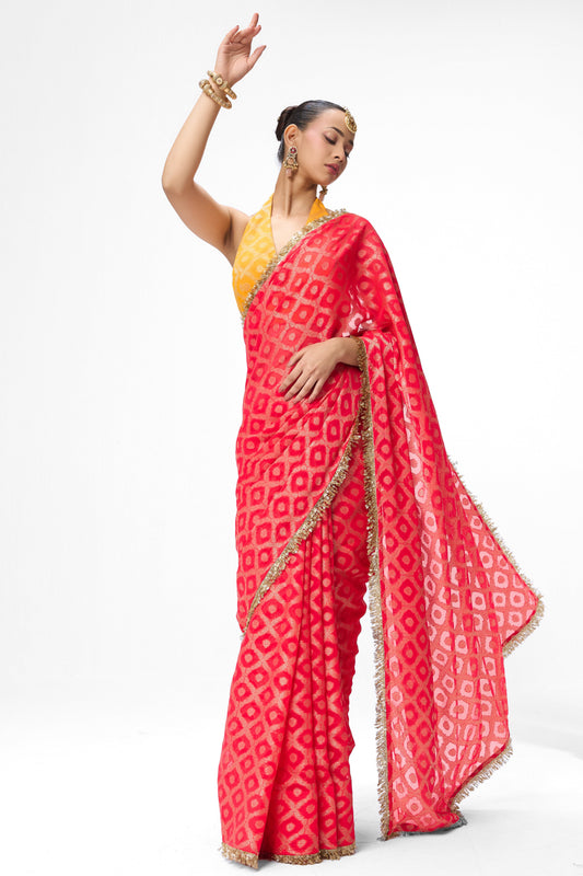 Dhiyona ST Red woven Geogette all over lace saree with Blouse fabric