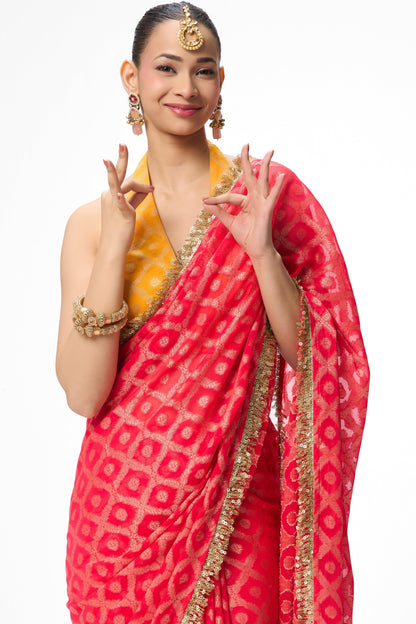 Dhiyona ST Red woven Geogette all over lace saree with Blouse fabric