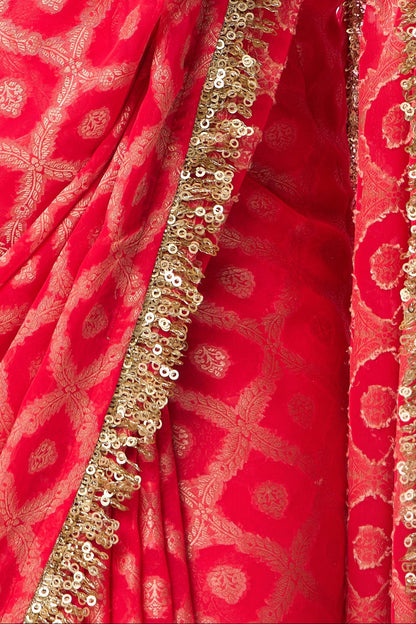 Dhiyona ST Red woven Geogette all over lace saree with Blouse fabric