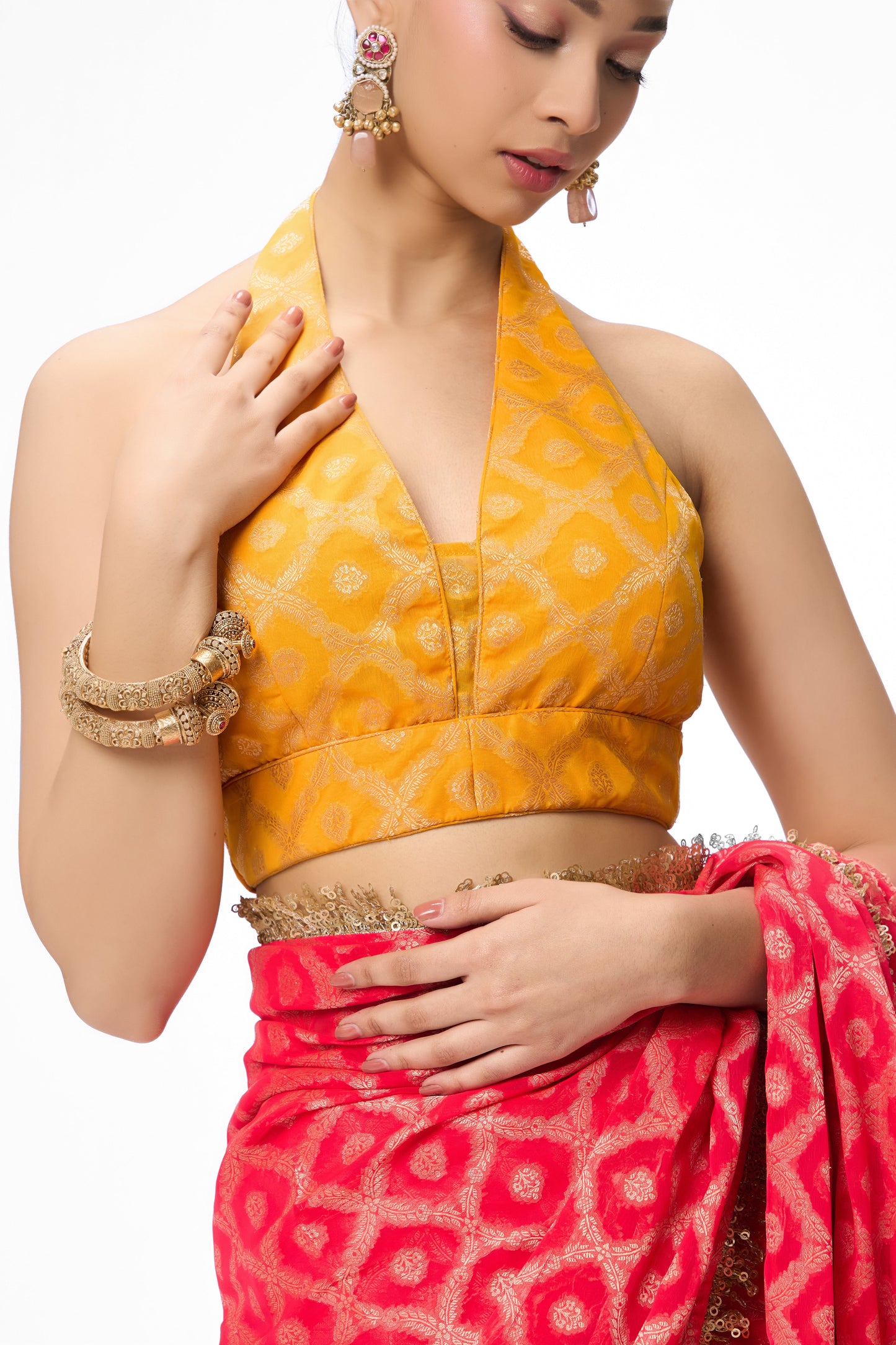 Dhiyona ST Red woven Geogette all over lace saree with Blouse fabric