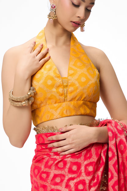 Dhiyona ST Red woven Geogette all over lace saree with Blouse fabric