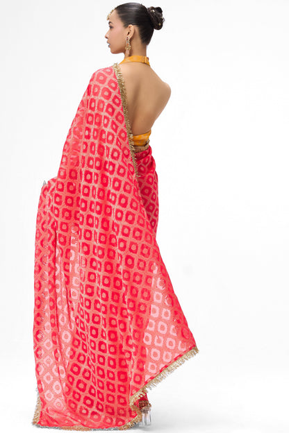 Dhiyona ST Red woven Geogette all over lace saree with Blouse fabric