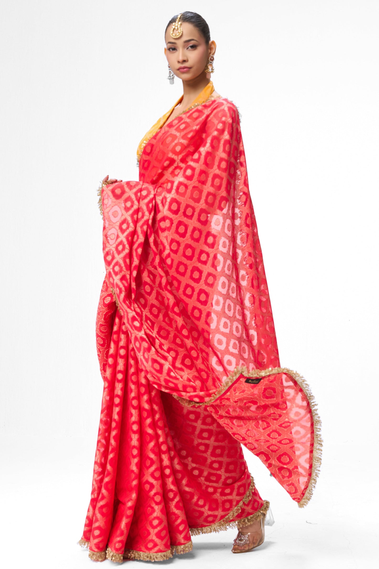 Dhiyona ST Red woven Geogette all over lace saree with Blouse fabric