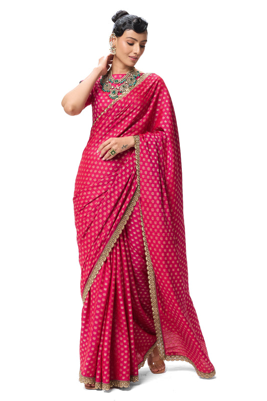 Dhiyona ST Pink Woven silk all over lace saree with Blouse Fabric