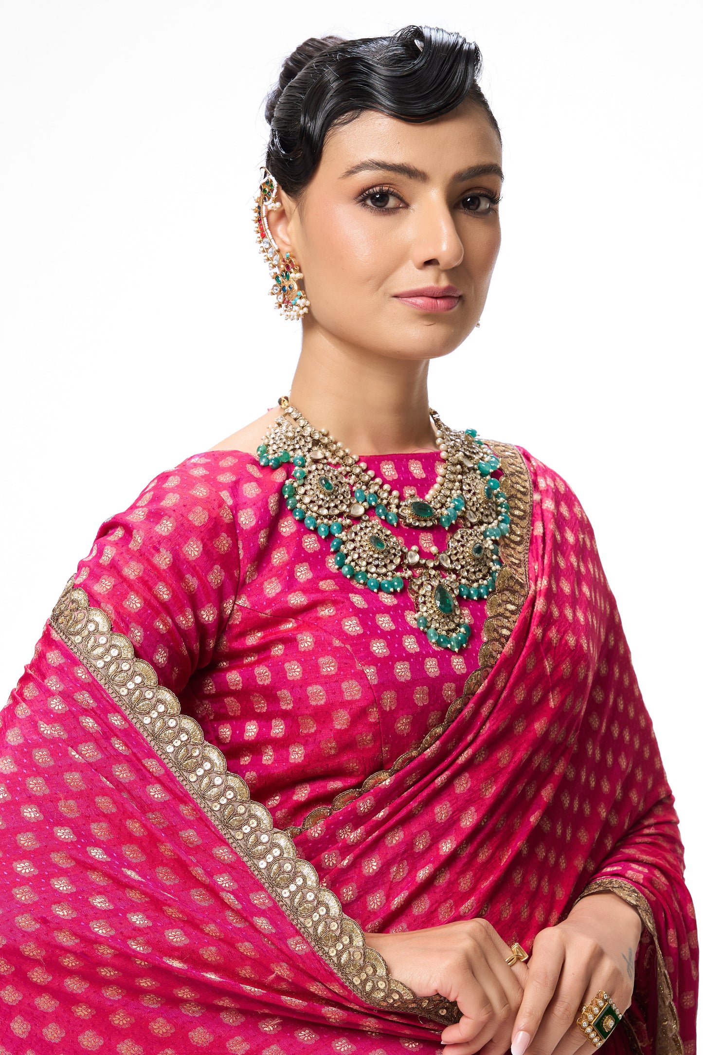 Dhiyona ST Pink Woven silk all over lace saree with Blouse Fabric