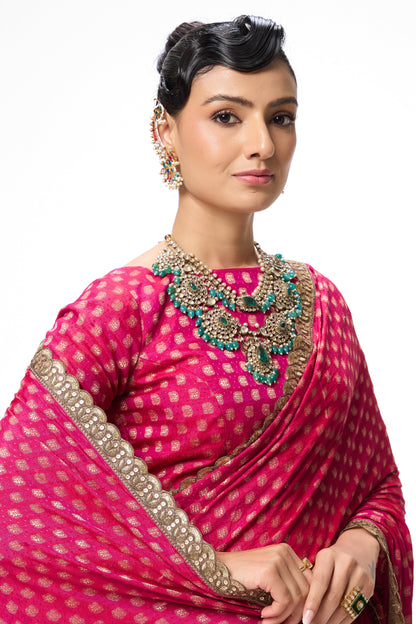Dhiyona ST Pink Woven silk all over lace saree with Blouse Fabric