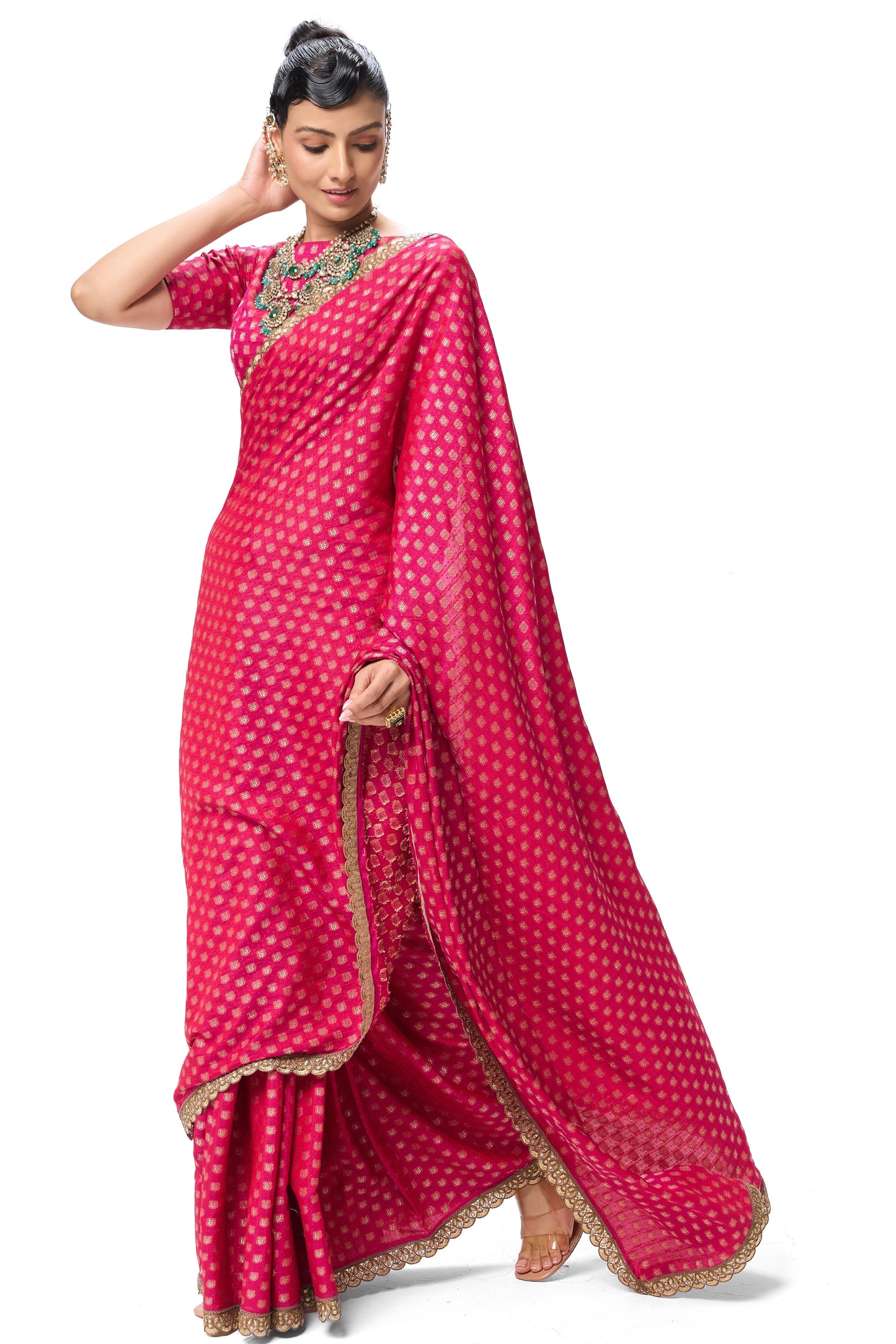 Dhiyona ST Pink Woven silk all over lace saree with Blouse Fabric