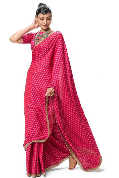 Dhiyona ST Pink Woven silk all over lace saree with Blouse Fabric