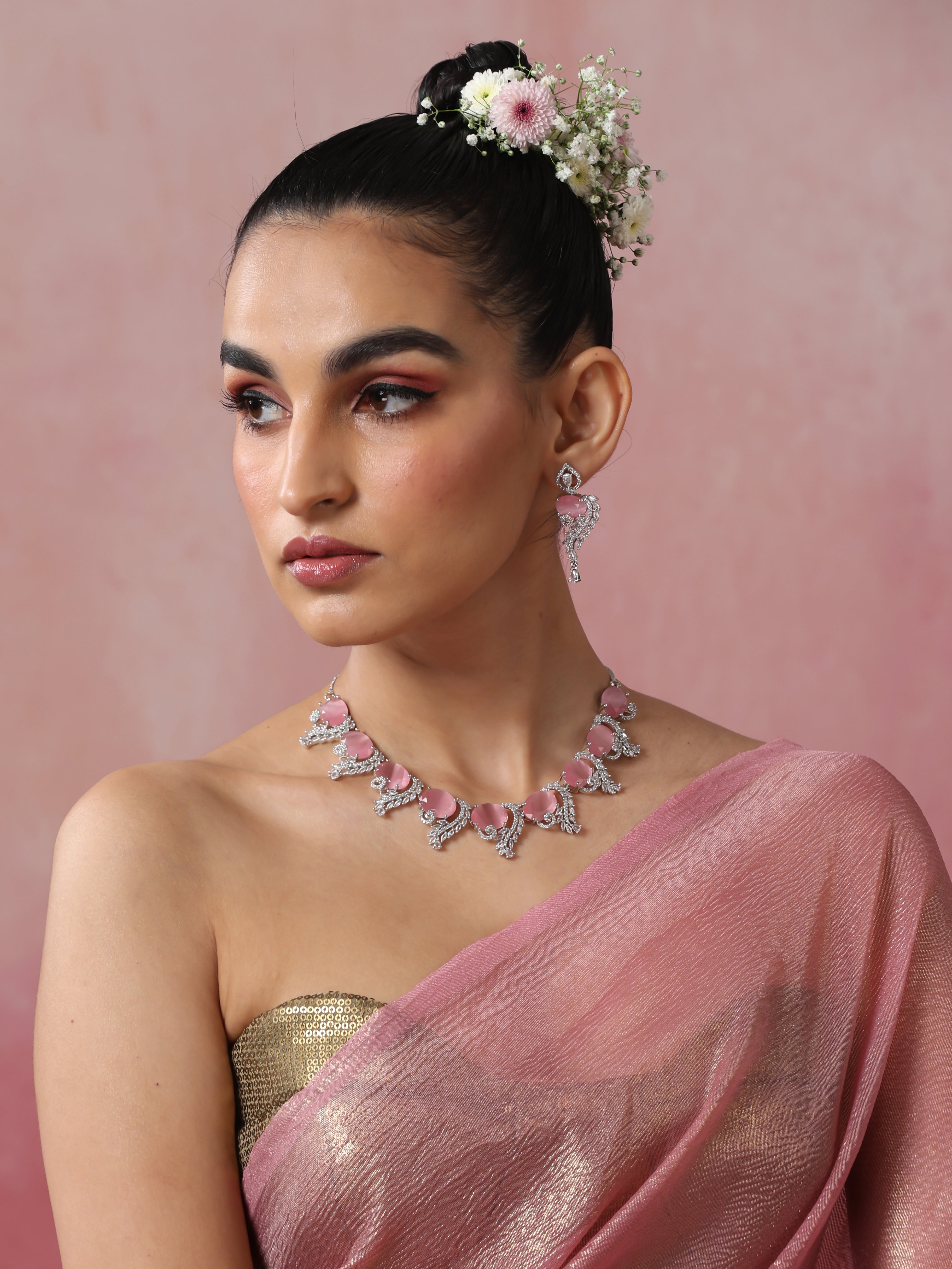Dhiyona ST Luxury Pink Color American Diamond Premium Necklace & Earring Set