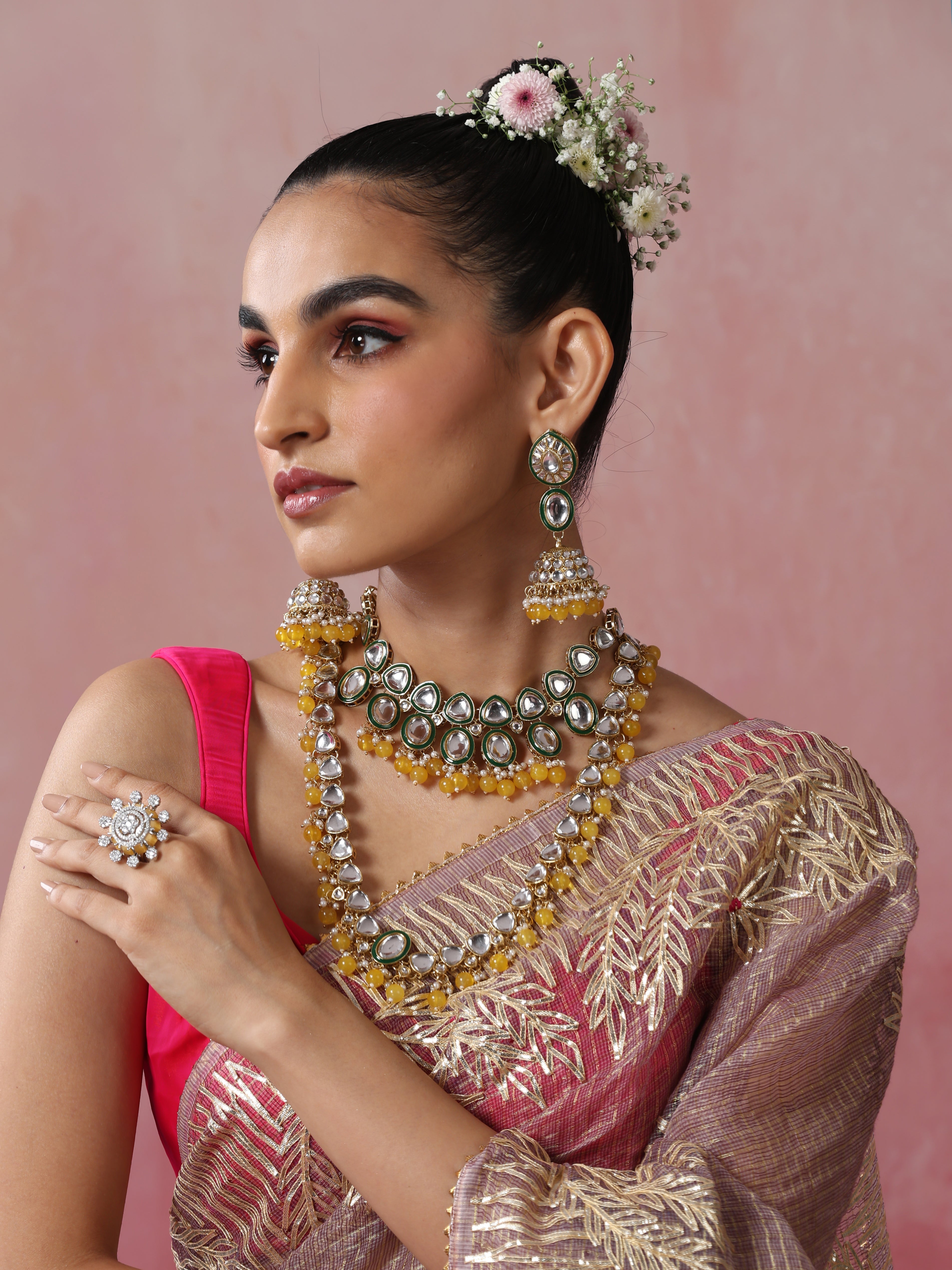 Dhiyona ST Yellow Color Kundan Long Necklace, Earring and Maang Teeka Set