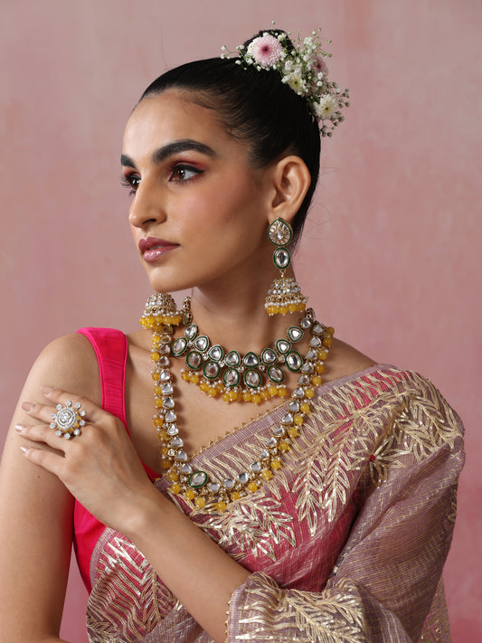 Dhiyona ST Yellow Color Kundan Long Necklace, Earring and Maang Teeka Set