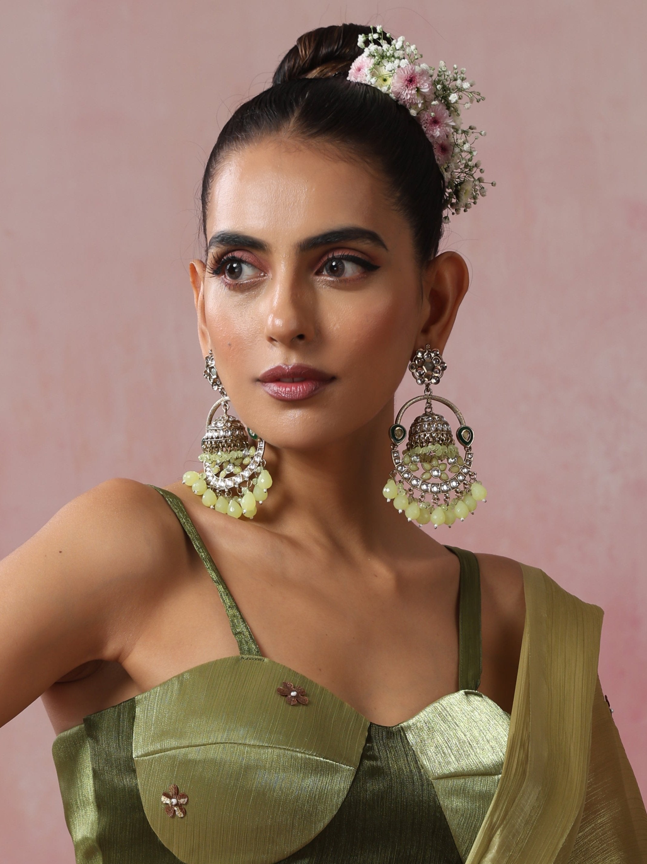 Dhiyona ST Pista Green Round Kundan Jhumka Earrings