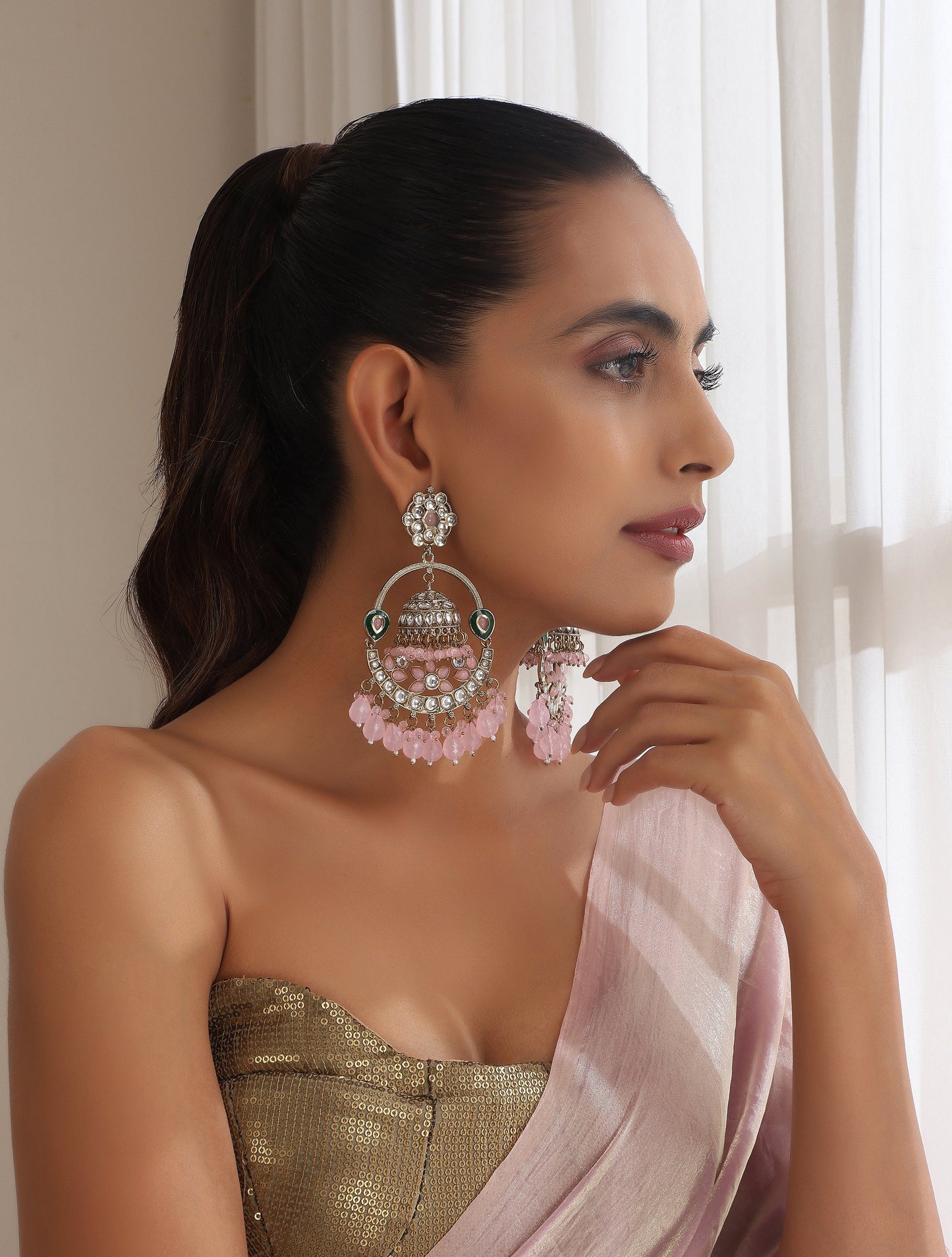 Dhiyona ST Pink Color Round Kundan Jhumka Earrings