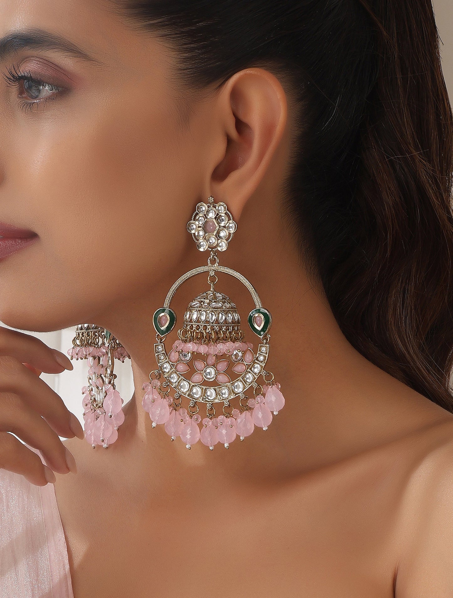 Dhiyona ST Pink Color Round Kundan Jhumka Earrings