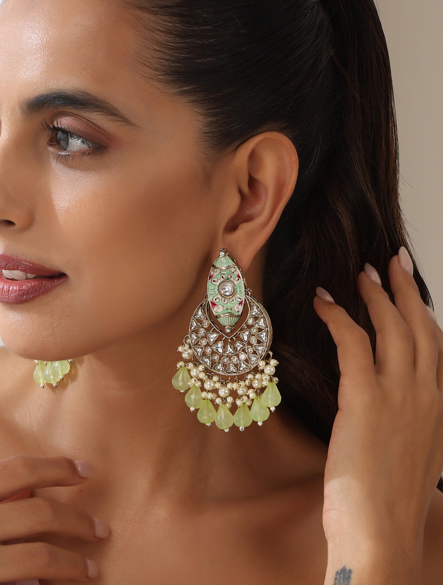 Dhiyona ST Pista Green Color Meenakari Kundan Earrings