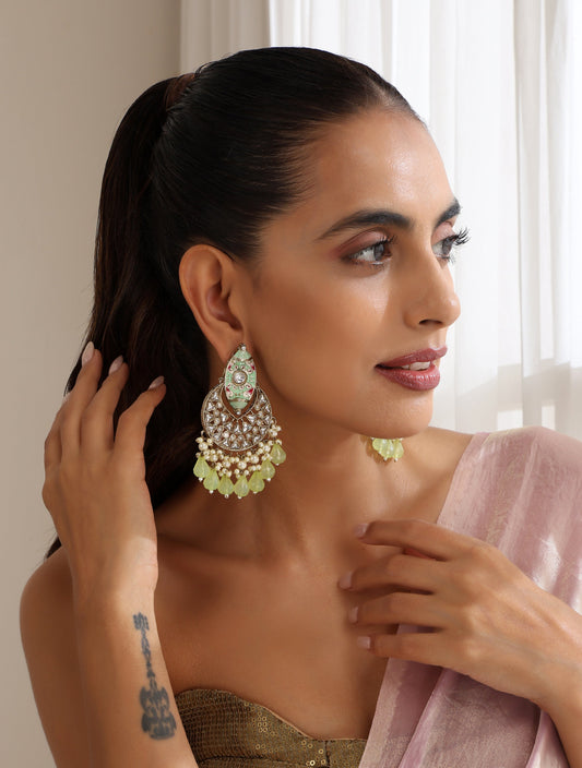 Dhiyona ST Pista Green Color Meenakari Kundan Earrings