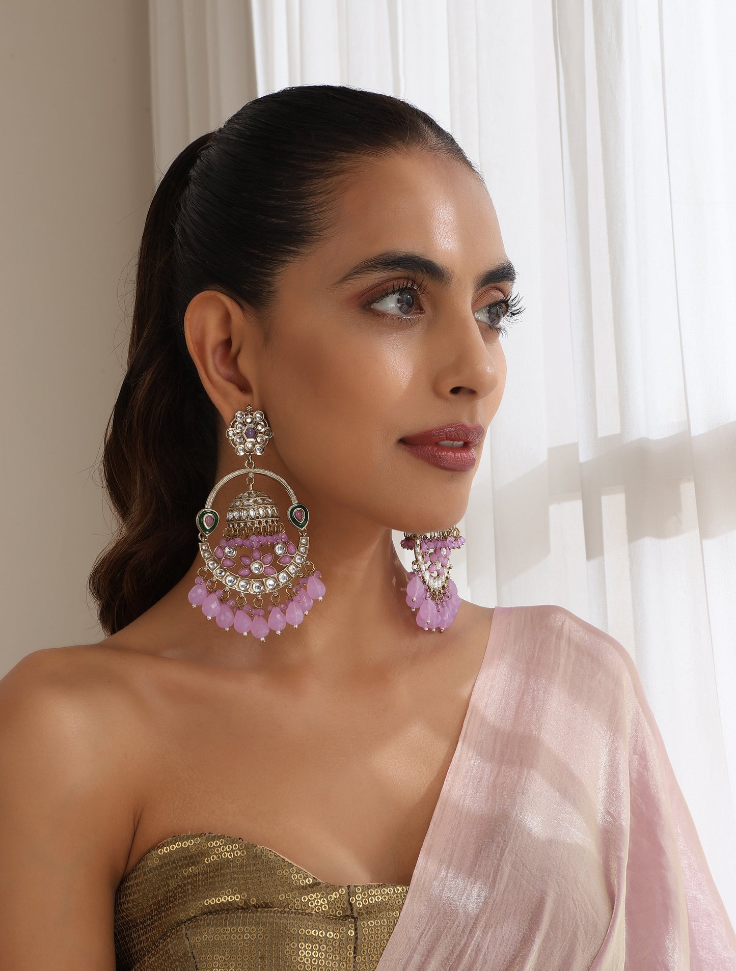 Dhiyona ST Light Purple Round Color Kundan Jhumka Earrings