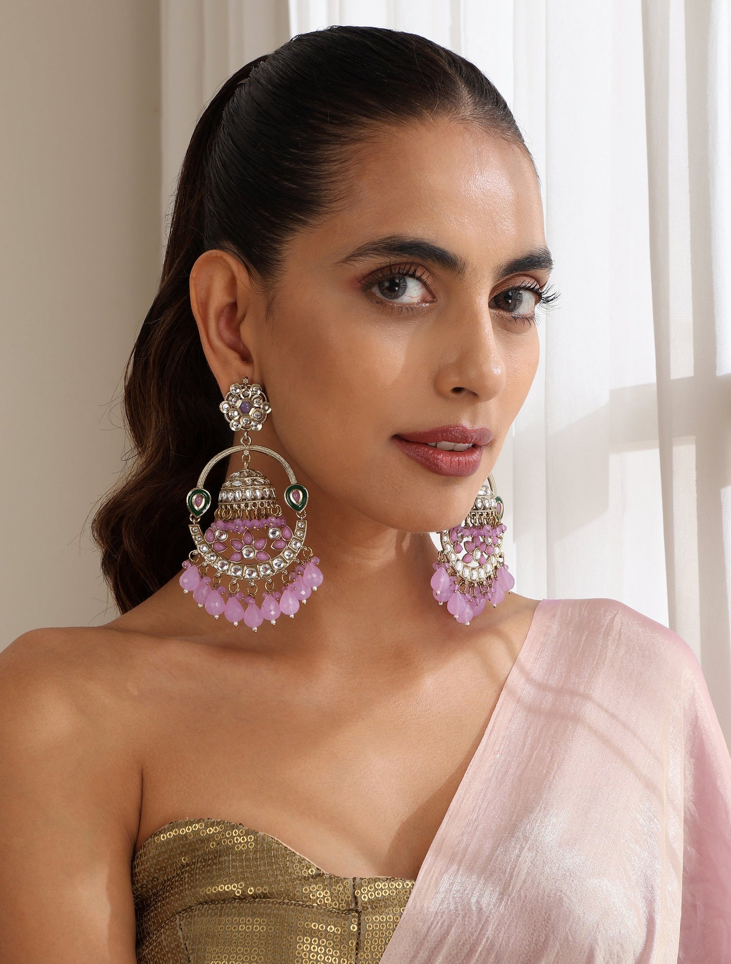 Dhiyona ST Light Purple Round Color Kundan Jhumka Earrings
