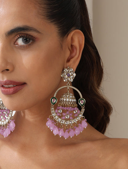 Dhiyona ST Light Purple Round Color Kundan Jhumka Earrings