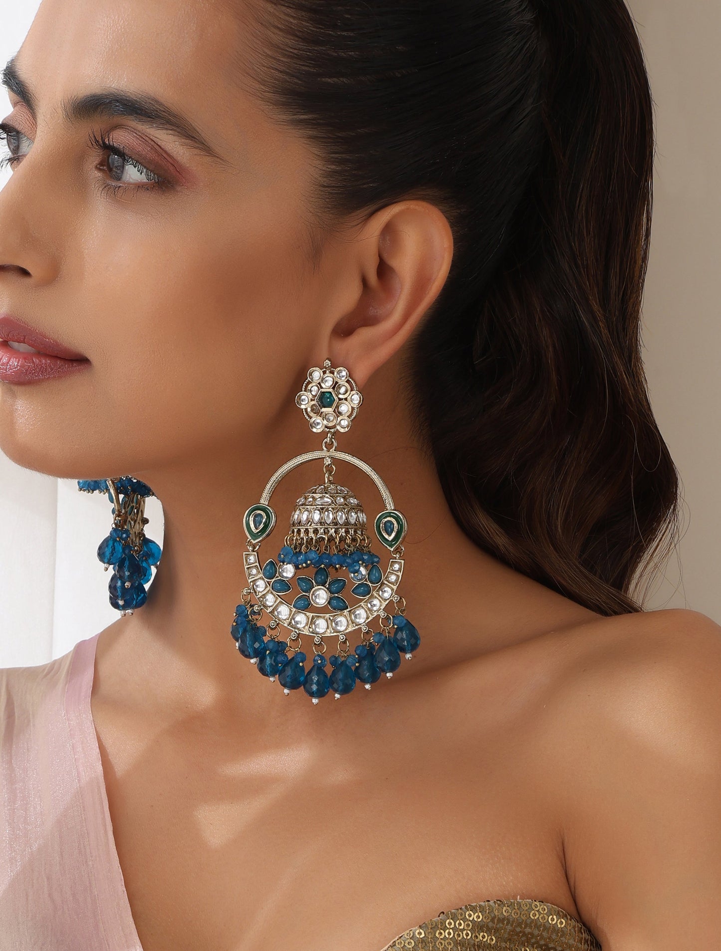 Dhiyona ST Turquoise Blue Round Color Kundan Jhumka Earrings