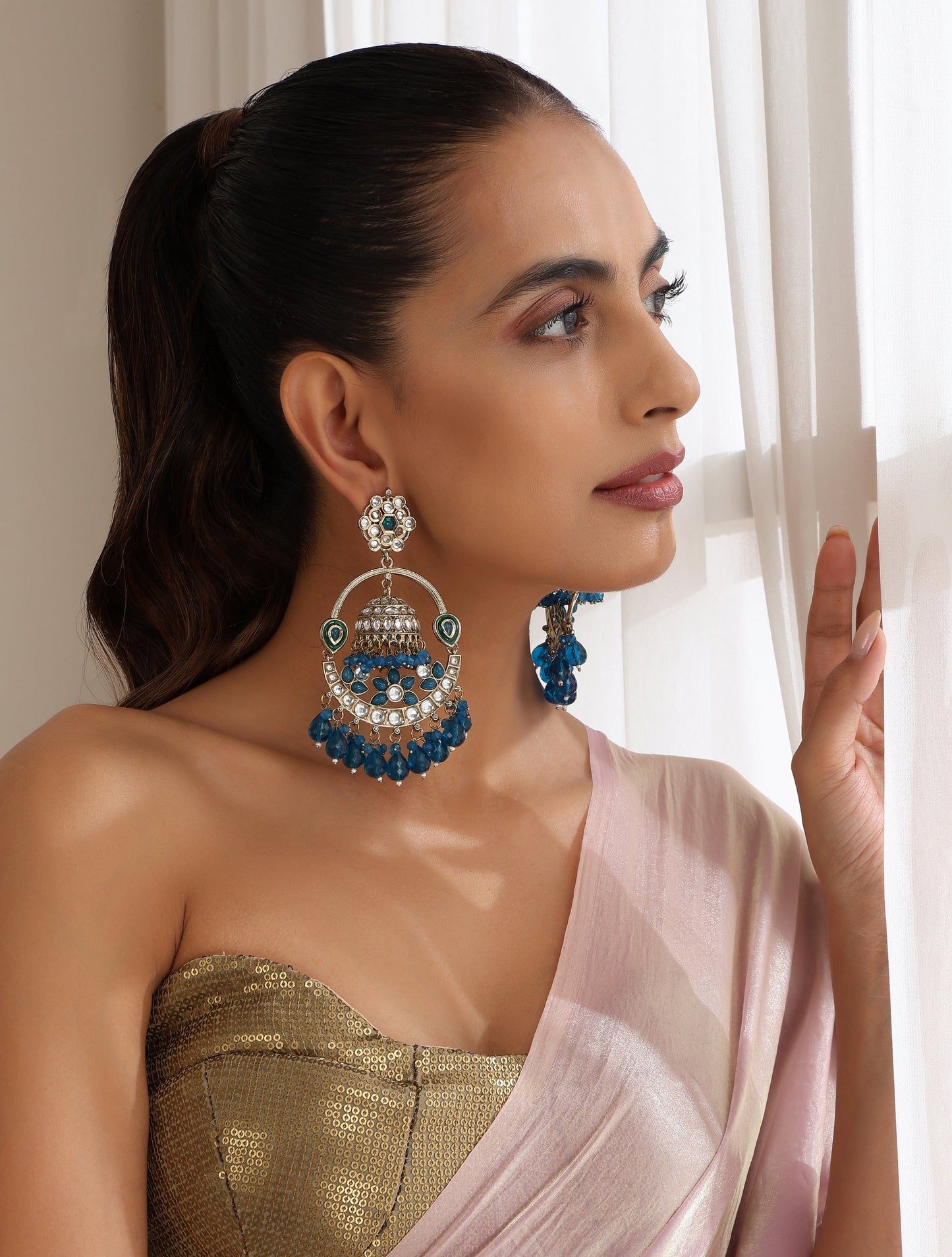 Dhiyona ST Turquoise Blue Round Color Kundan Jhumka Earrings