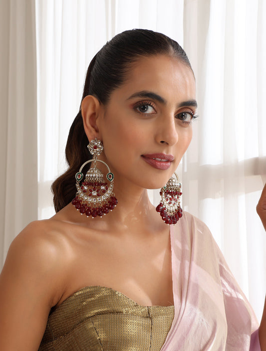 Dhiyona ST Maroon Color Round Kundan Jhumka Earrings