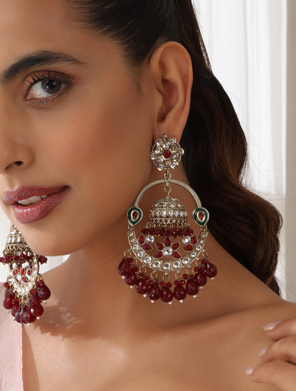 Dhiyona ST Maroon Color Round Kundan Jhumka Earrings
