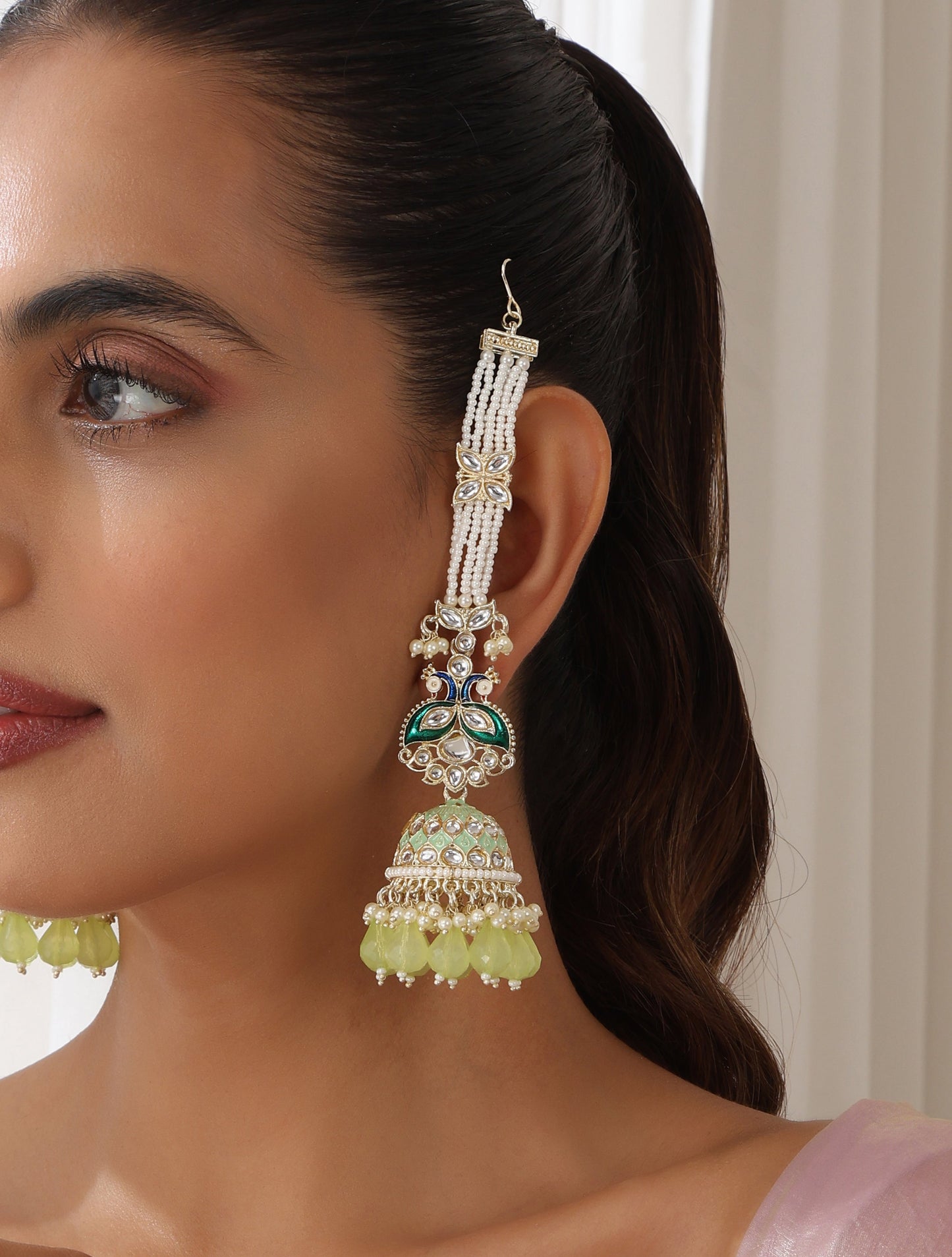 Dhiyona ST Pista Green Color Meenakari Kundan Jhumka