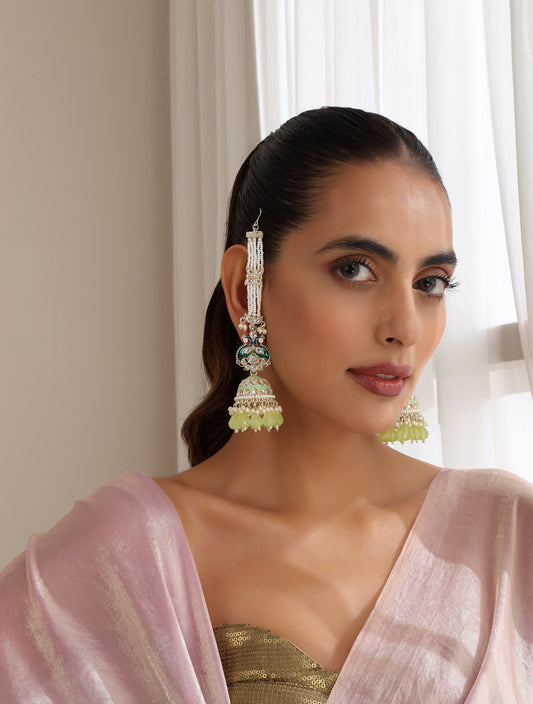 Dhiyona ST Pista Green Color Meenakari Kundan Jhumka