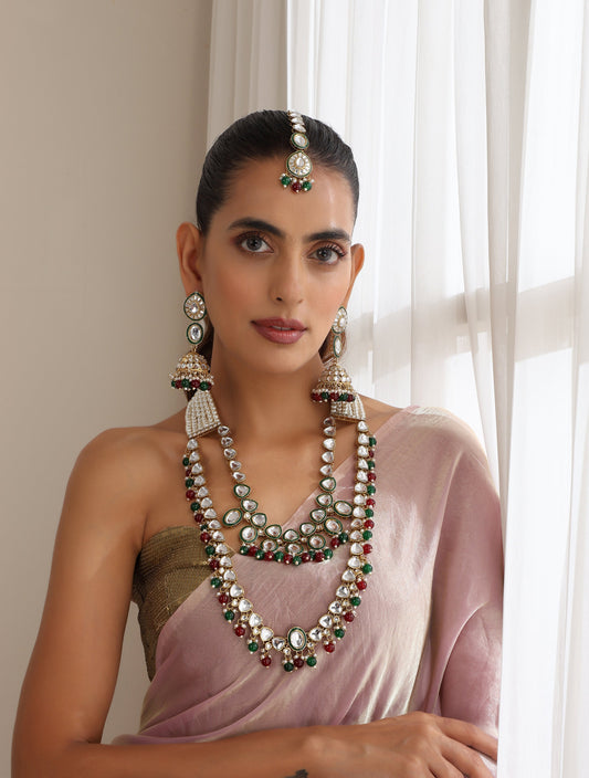 Dhiyona ST Maroon & Green Color Long Kundan Necklace, Earring and Maang Teeka Set