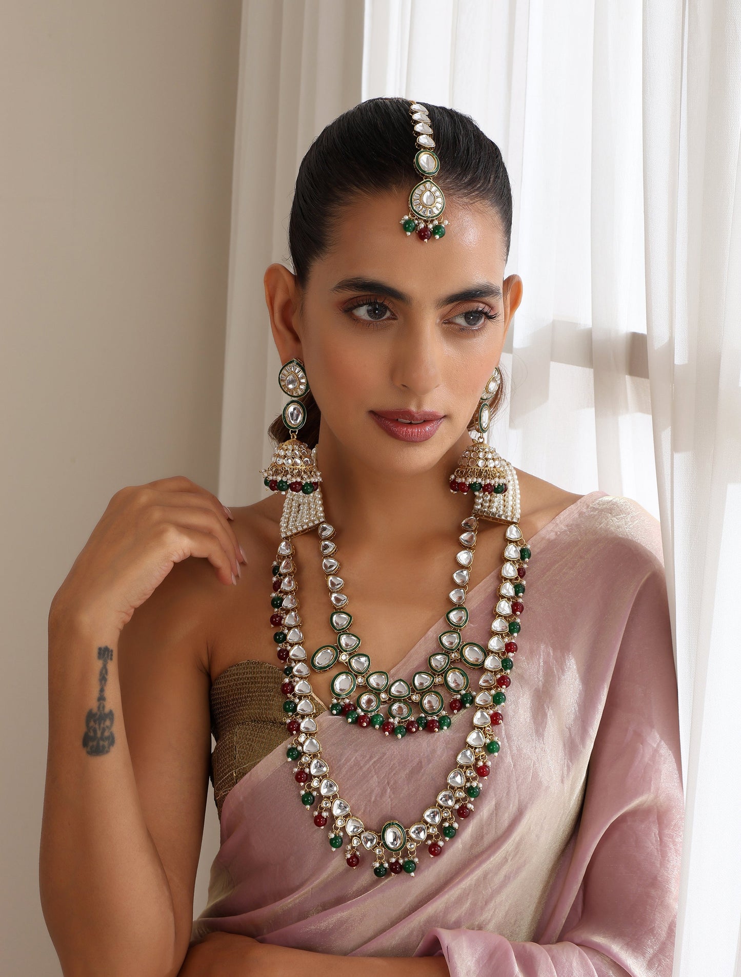 Dhiyona ST Maroon & Green Color Long Kundan Necklace, Earring and Maang Teeka Set