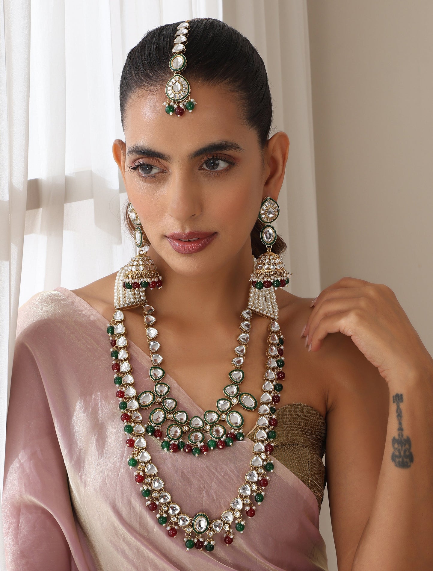 Dhiyona ST Maroon & Green Color Long Kundan Necklace, Earring and Maang Teeka Set