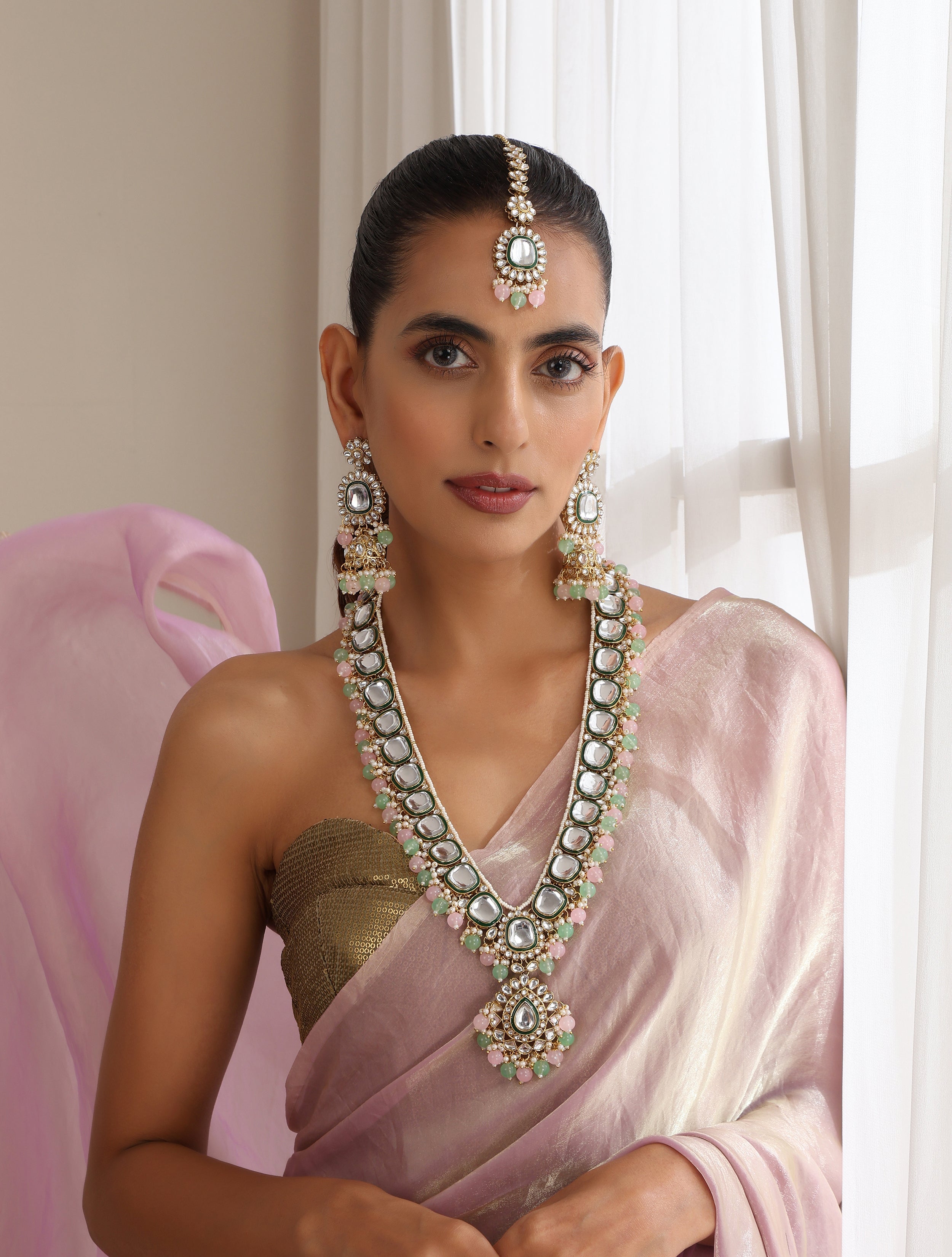 Dhiyona ST Pink & Parrot Green Color Long Kundan Necklace, Earring and Maang Teeka Set