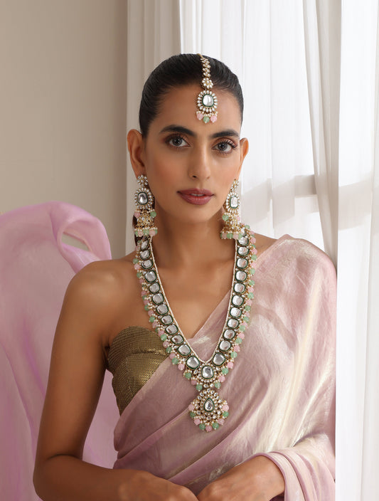 Dhiyona ST Pink & Parrot Green Color Long Kundan Necklace, Earring and Maang Teeka Set