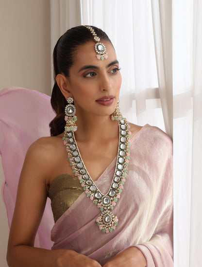 Dhiyona ST Pink & Parrot Green Color Long Kundan Necklace, Earring and Maang Teeka Set