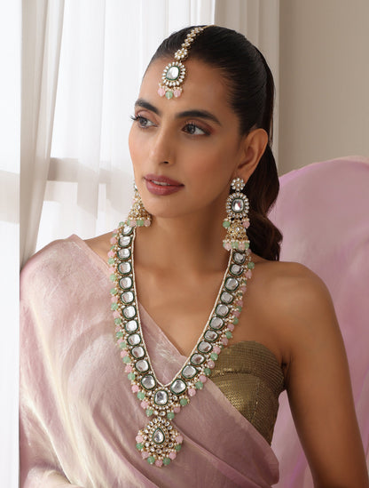 Dhiyona ST Pink & Parrot Green Color Long Kundan Necklace, Earring and Maang Teeka Set