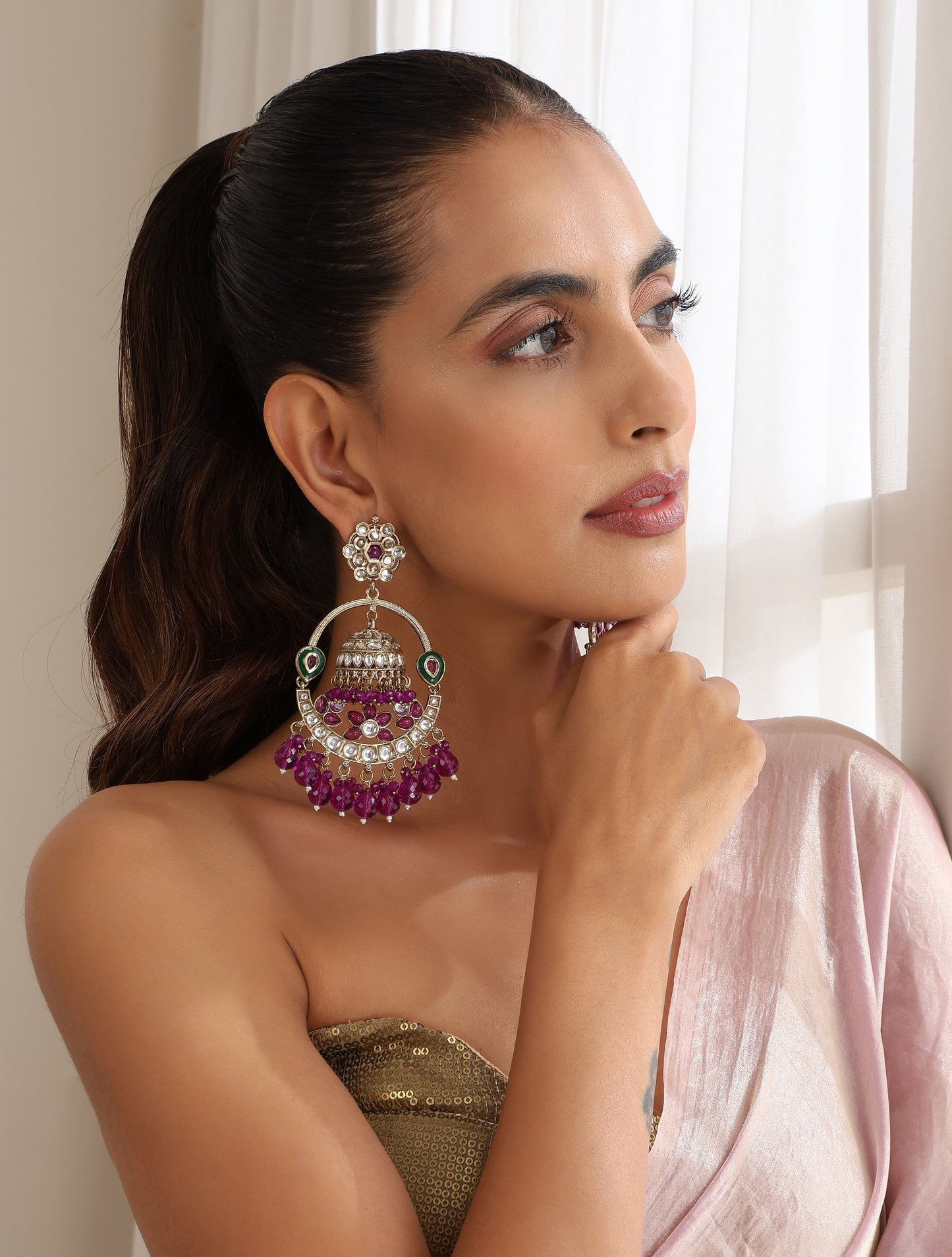 Dhiyona ST Purple Color Round Kundan Jhumka Earrings