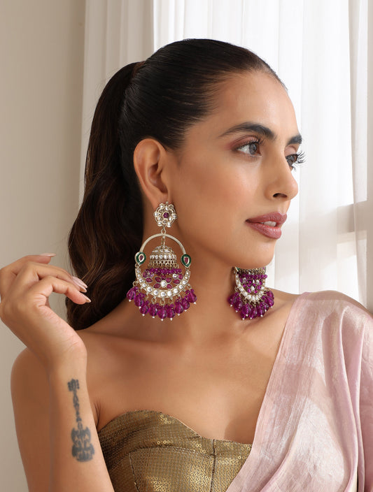 Dhiyona ST Purple Color Round Kundan Jhumka Earrings