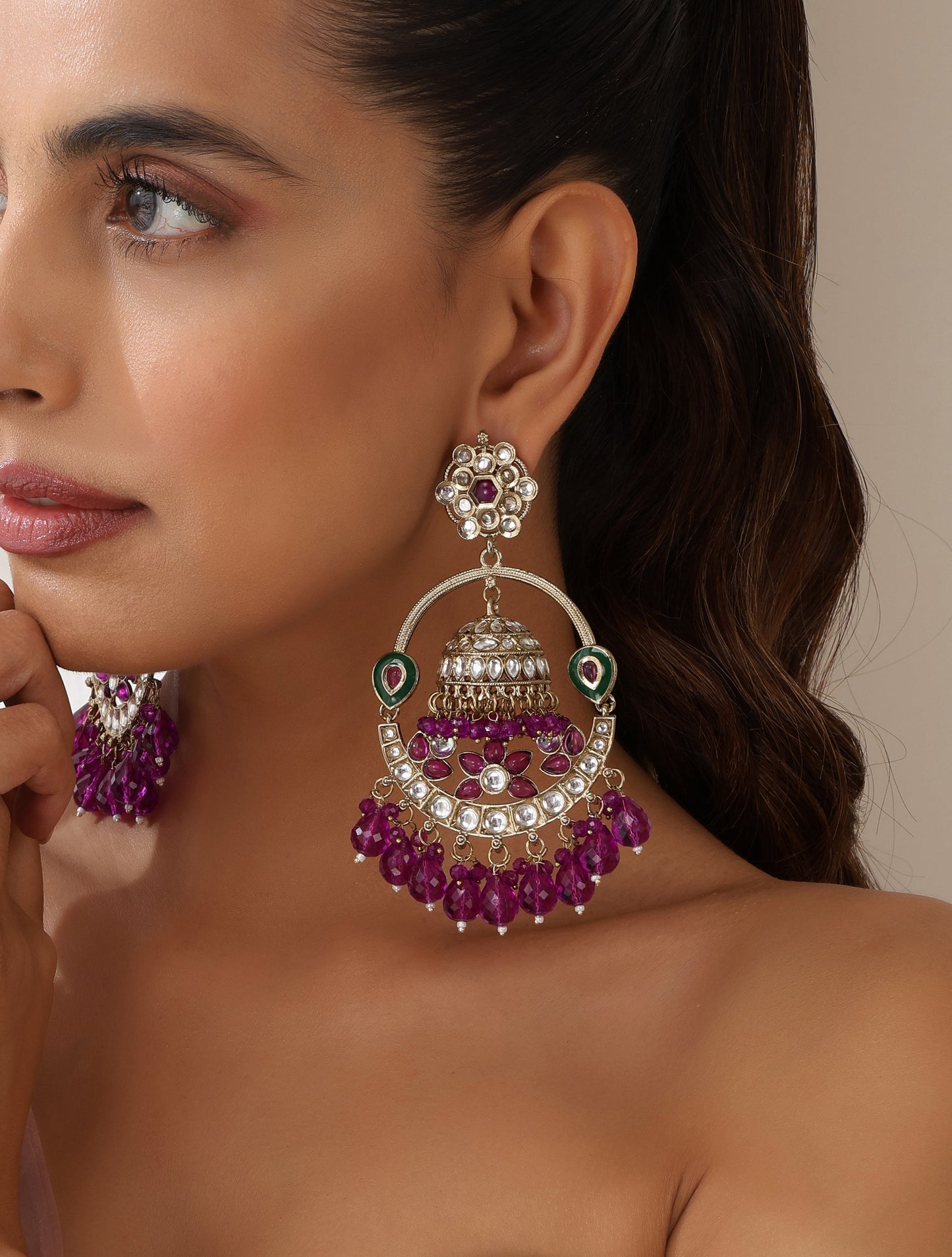 Dhiyona ST Purple Color Round Kundan Jhumka Earrings