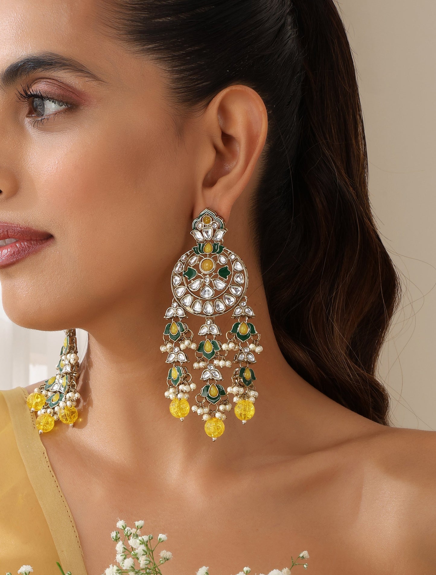 Dhiyona ST Yellow Color Kundan Long Earrings
