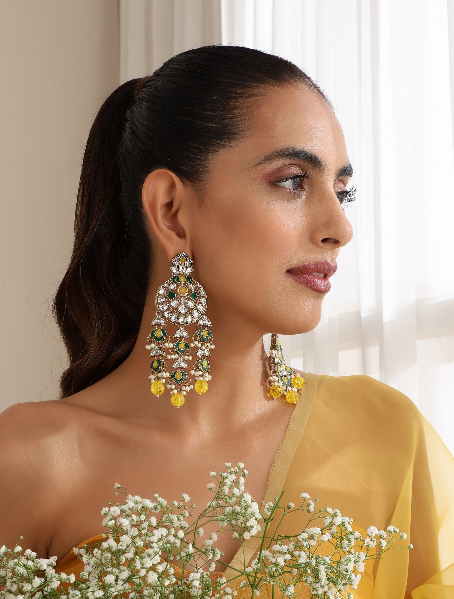 Dhiyona ST Yellow Color Kundan Long Earrings