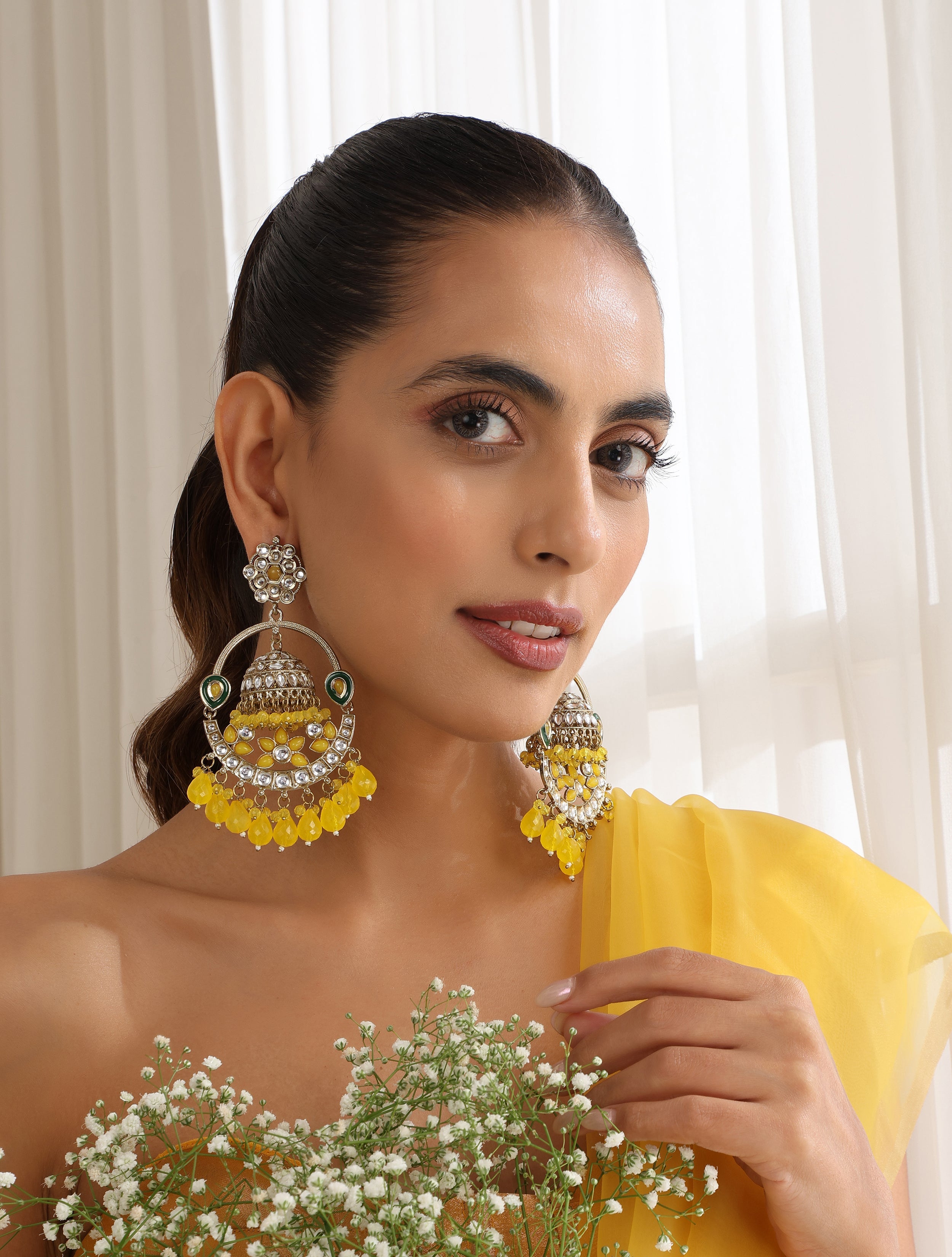 Dhiyona ST Yellow Color Round Kundan Jhumka Earrings