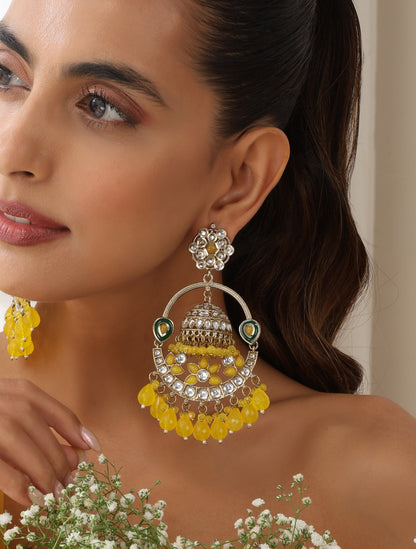 Dhiyona ST Yellow Color Round Kundan Jhumka Earrings
