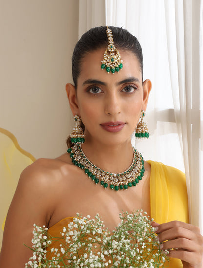 Dhiyona ST Green Color Kundan Necklace, Earring and Maang Teeka Set